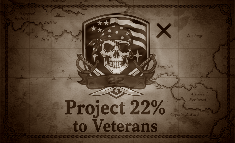 A vintage-style map background with a skull wearing sunglasses and a bandana, surrounded by swords and a shield with stars and stripes, promoting Project 22% to Veterans.