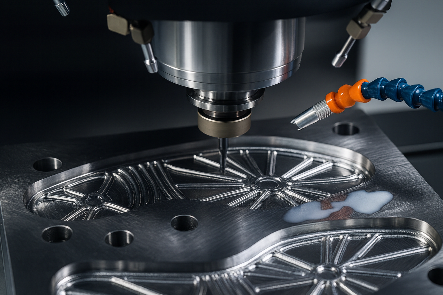 Close-up of a CNC machining process, with a metal part being cut or engraved on a precision machine, using coolant for cooling and lubrication.