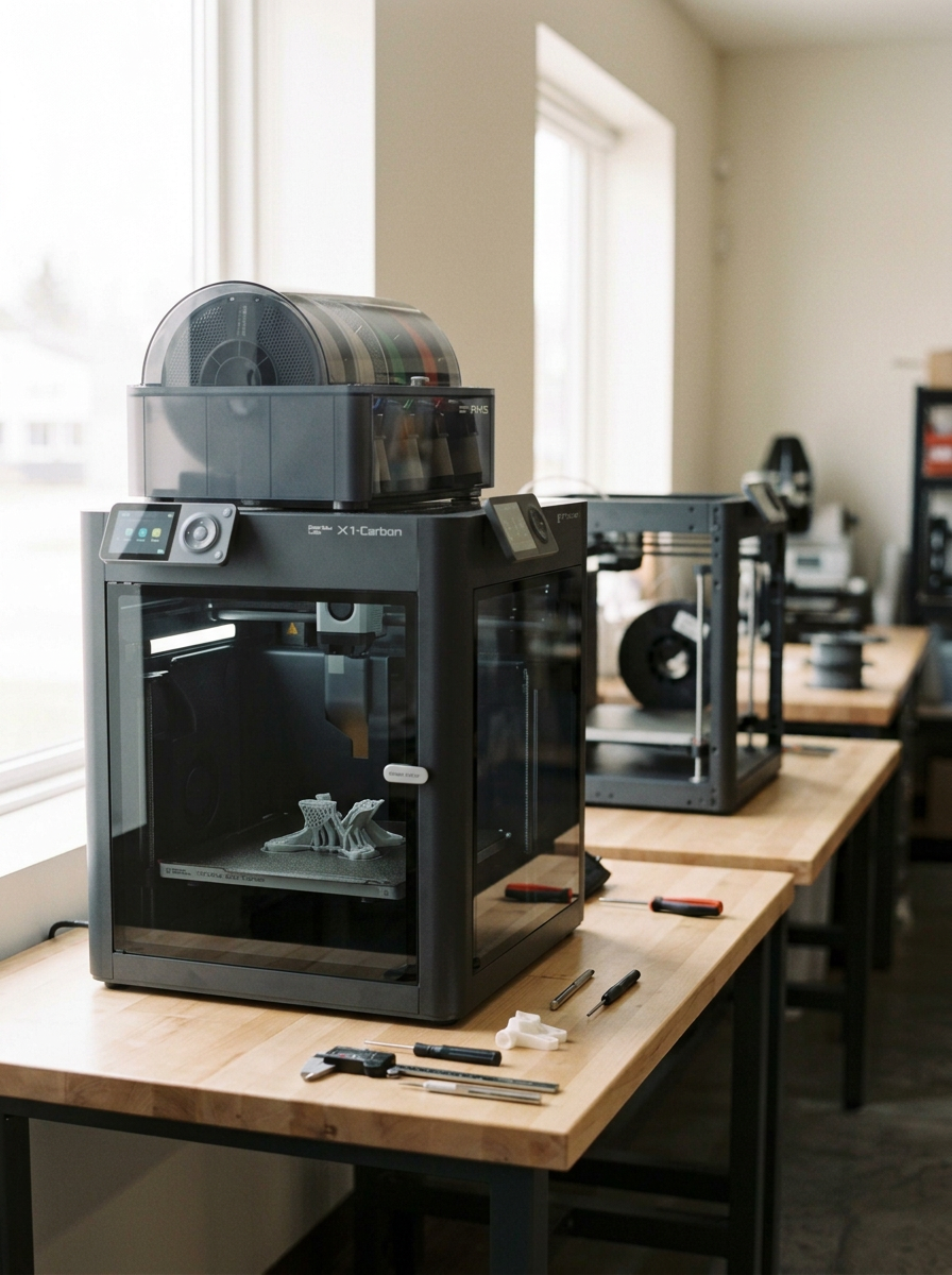 Multiple 3D printers producing engineering components at Outpost Technology