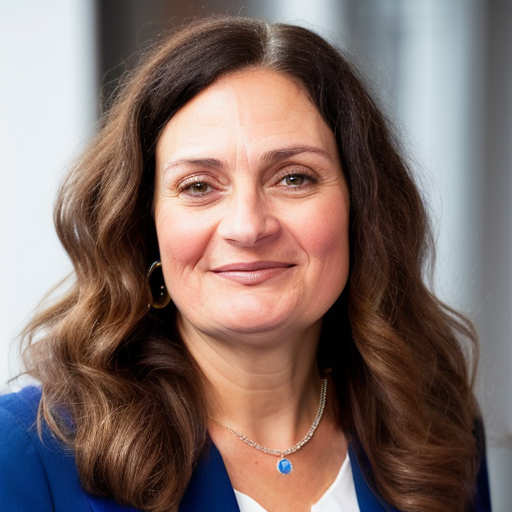 A woman with shoulder-length brown hair wearing a blue blazer and a necklace, smiling in an indoor setting.