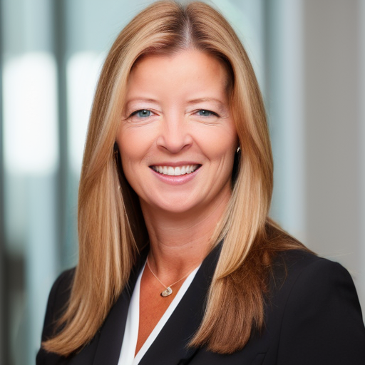 A smiling woman with long blonde hair, wearing a black blazer and white shirt, standing in an office environment.
