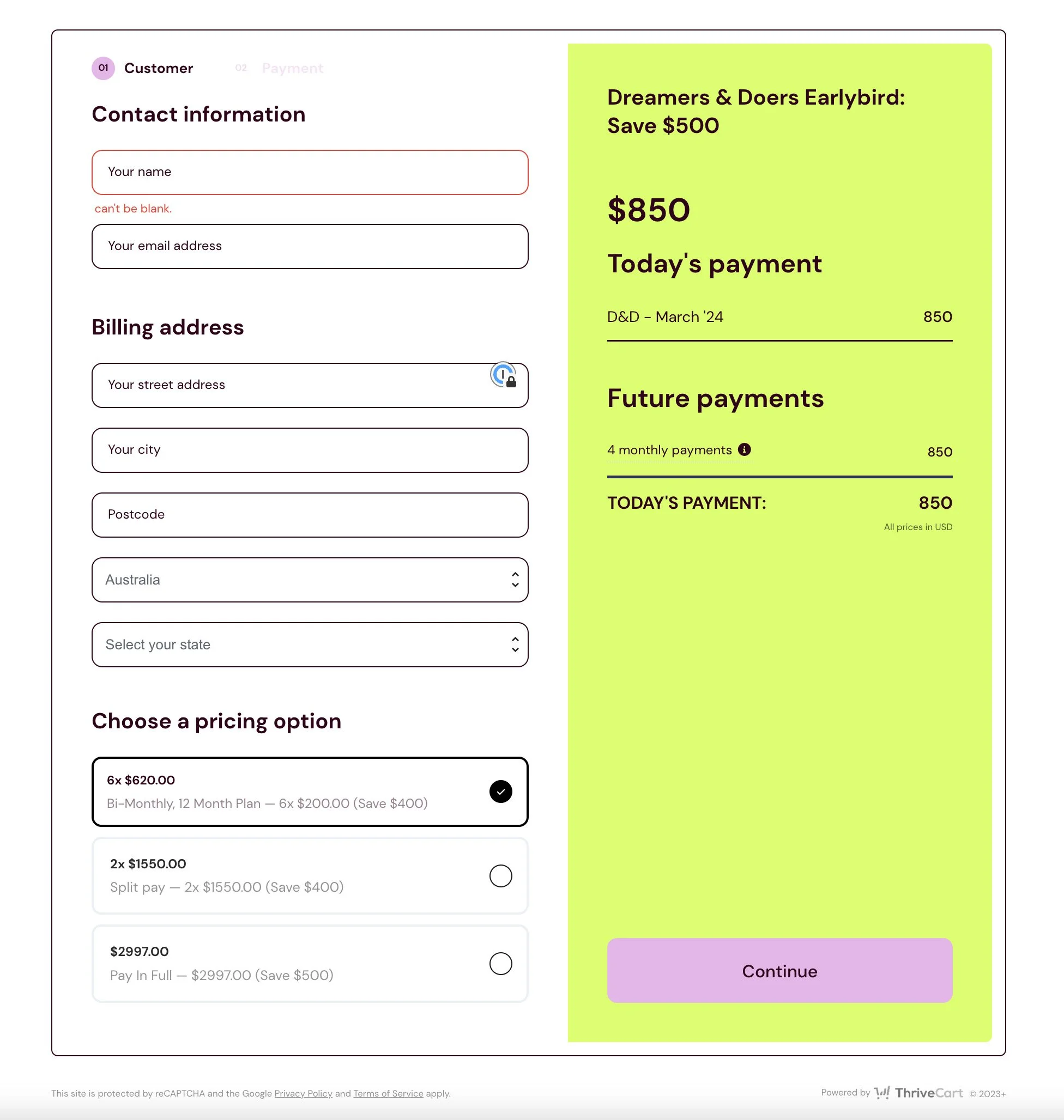 Online checkout form for a purchase of a service called Dreamers & Doers Earlybird with a $500 discount. It displays a total amount of $850 and splits the payment into four monthly payments. The form includes fields for customer contact info, billing address, and options for payment plans, with a continue button at the bottom.