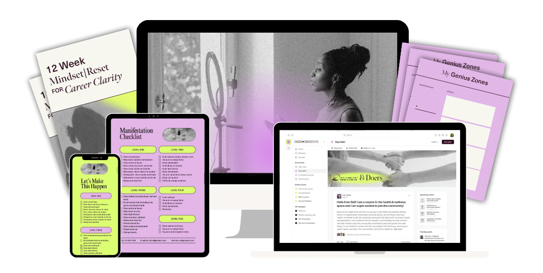 A woman looking at a mirror in a bright room, surrounded by various papers and digital devices including a smartphone with a checklist, a tablet with a manifesto checklist, and a laptop displaying an online community platform.