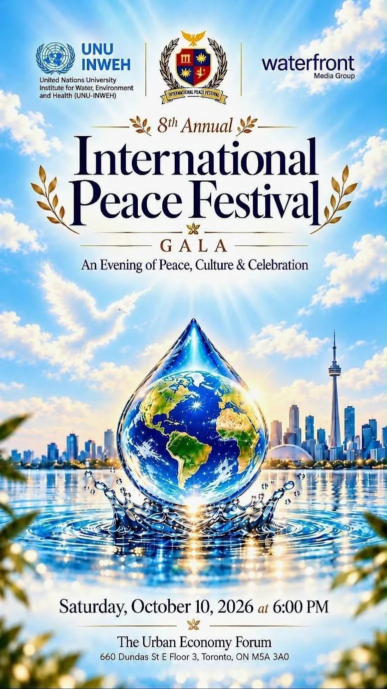 Event poster for the 8th Annual International Peace Festival Gala featuring a city skyline, a water droplet containing the Earth, and the Toronto skyline with CN Tower in the background. Includes event details and logos of UNU INWEH, Waterfront Media Group, and festival crest.
