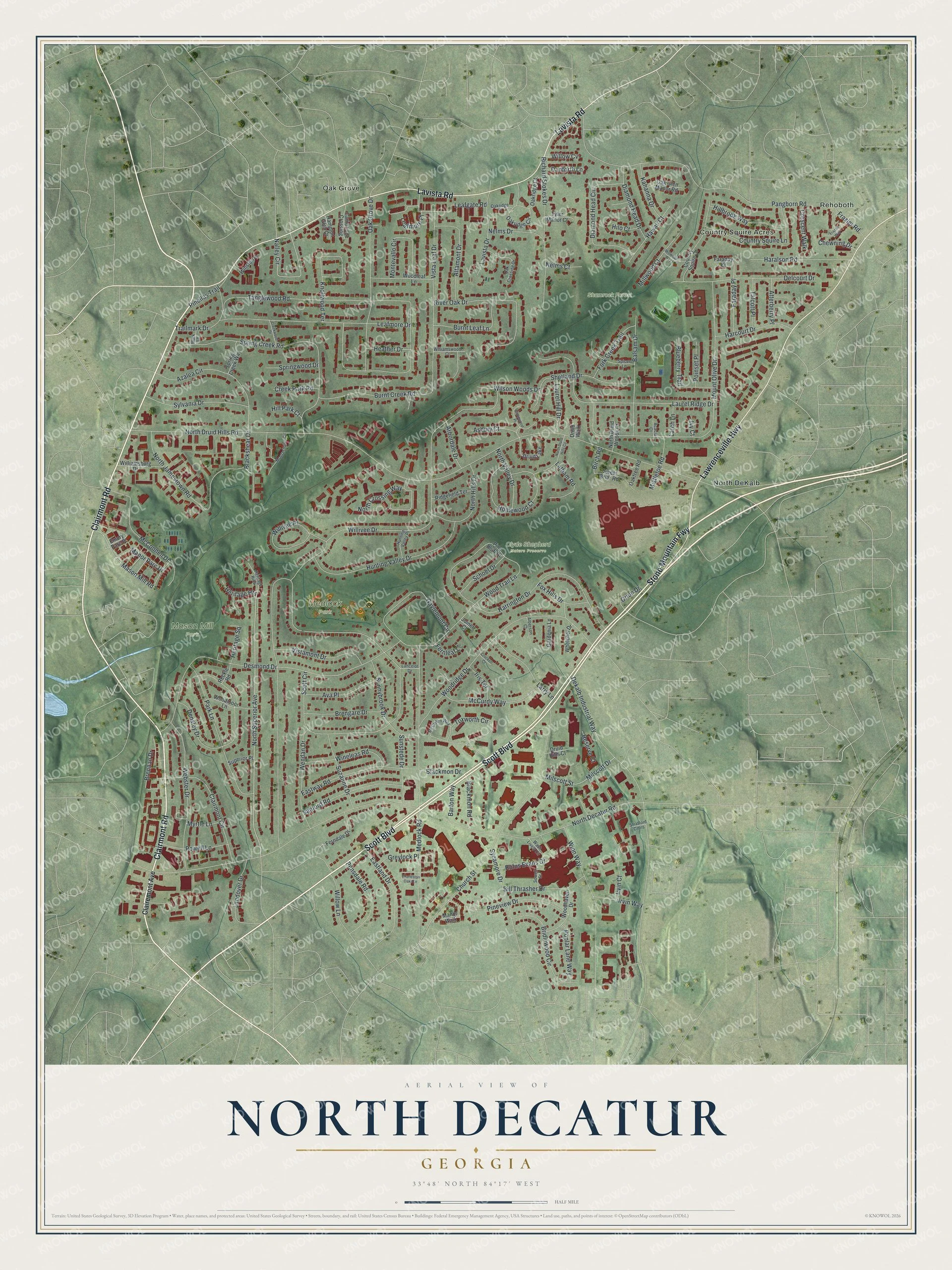 Aerial map of North Decatur, Georgia, showing streets and buildings outlined in red, with green areas representing parks and natural landscapes.