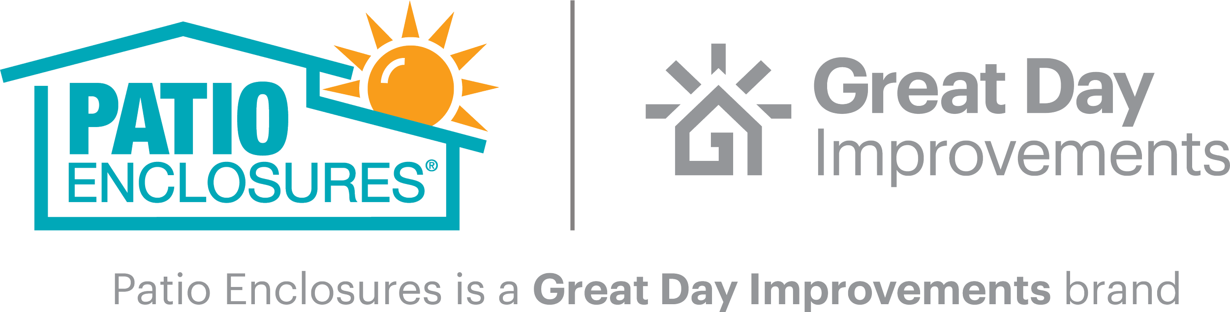 Logo of Patio Enclosures with a house outline, a sun, and the text "Patio Enclosures" and "a Great Day Improvements brand".