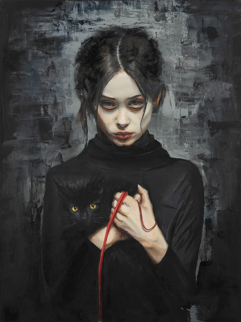 Contemporary Fine Art Oil Painting Woman Holding Cat with Red String Ominous Hard Light Gothic Goth Dark Gaze Red Lips Sunken Cheeks and Eyes Black Turtleneck Black Cat