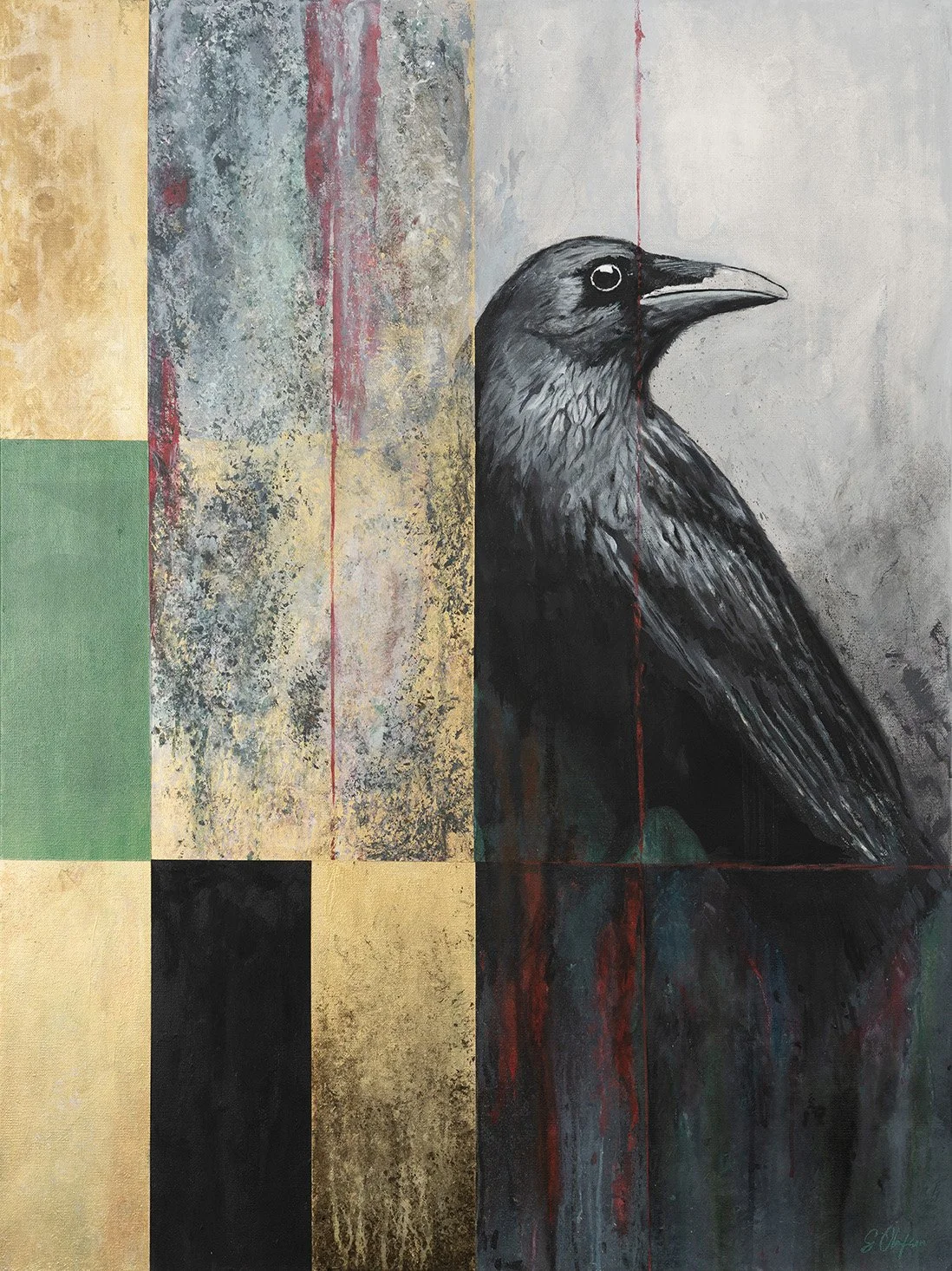 Contemporary Art Mixed Media Corvid Raven Gold Red Green and Black Fine Art