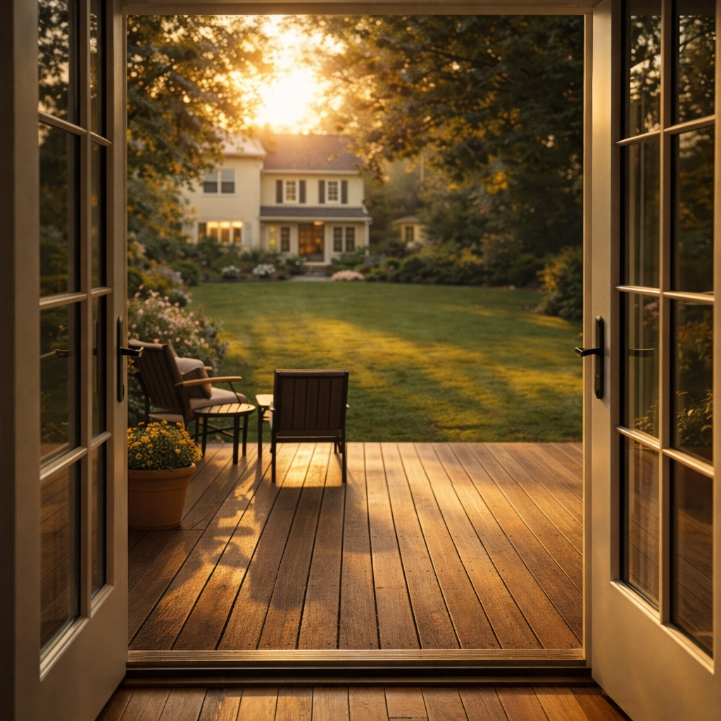 Sunset view through open French doors revealing a wooden deck with chairs and potted flowers, overlooking a well-maintained lawn and a large house in the distance.