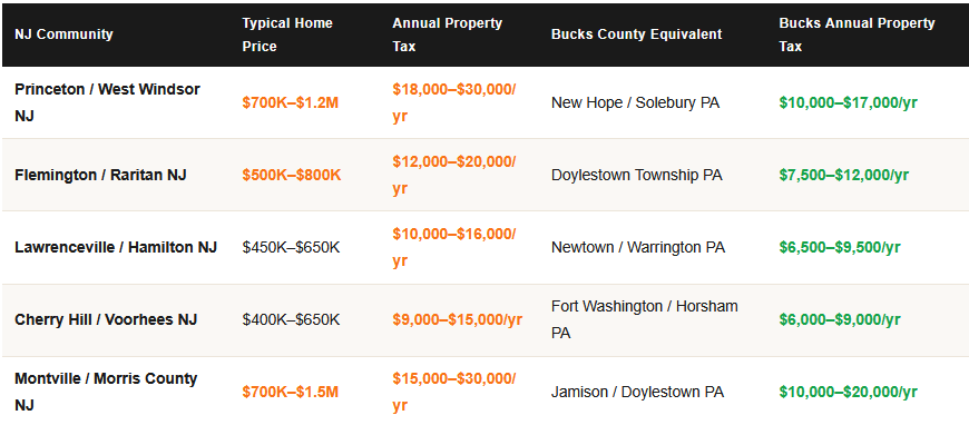 New Jersey Communities compared to Pennsylvania Communities newtown new hope doylestown warrington fort washington jamison