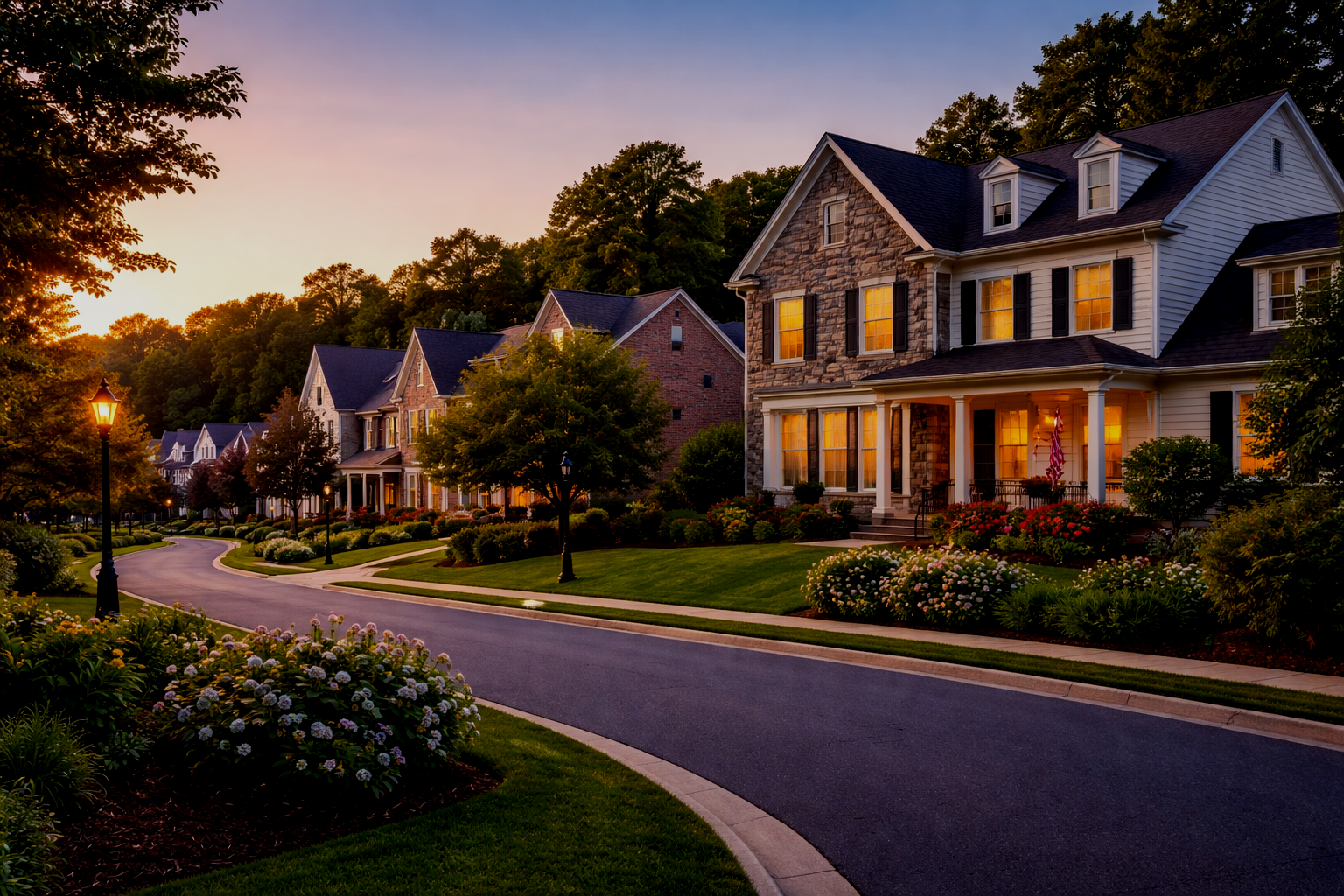 Quiet suburban street at sunset with well-kept houses, lush front yards, and vintage-style lamp posts lining the curving asphalt road.