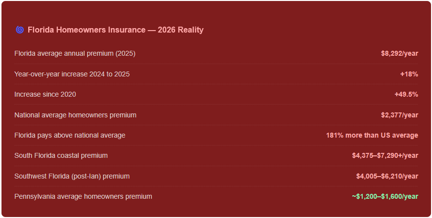 florida homeowners insurance costs vs pennsylvania homeowners insurance costs