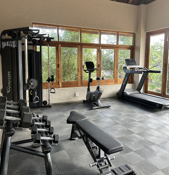 Home gym with various equipment including dumbbells, a weight machine, a recumbent bike, a treadmill, a workout bench, and large windows showing trees outside.