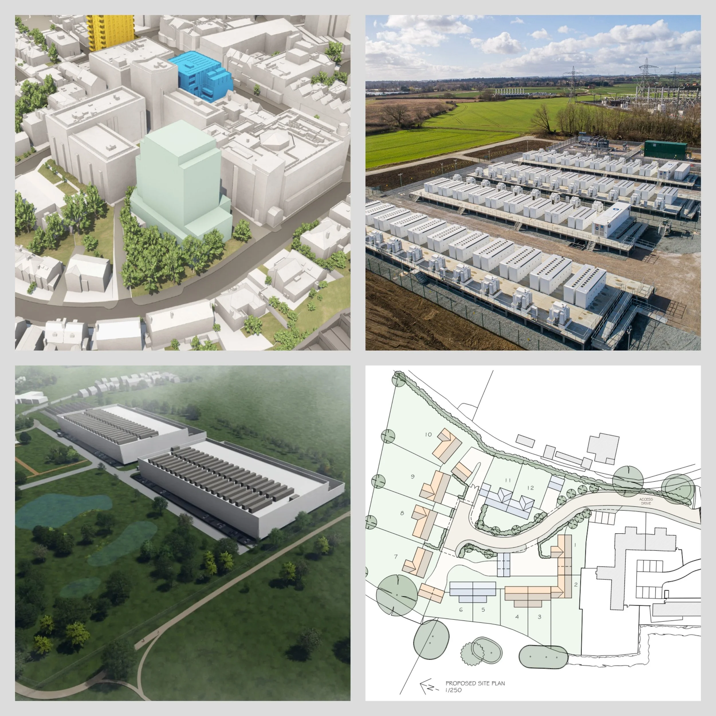 A collage of architectural and site plans, including 3D models of buildings, a solar panel array, an electrical substation, and a detailed site layout plan.