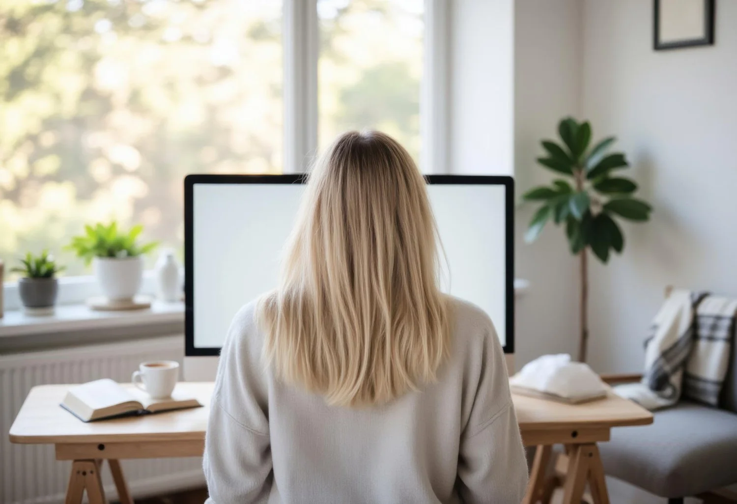 A woman with blonde hair looking at a computer screen