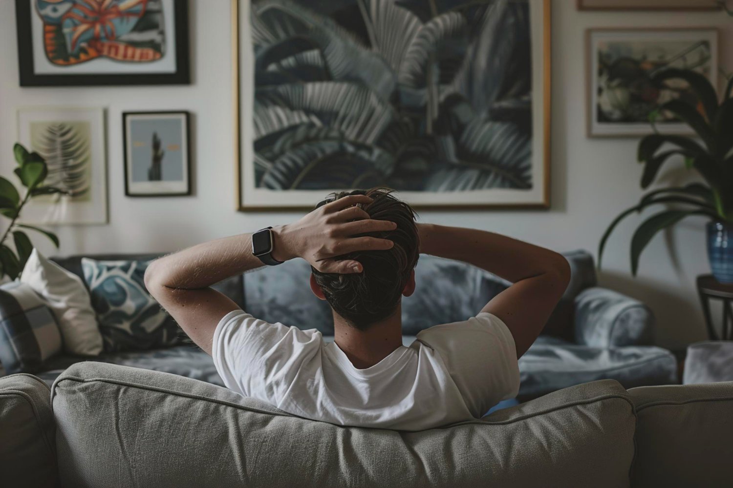 A man sitting on the sofa with his hands on his head