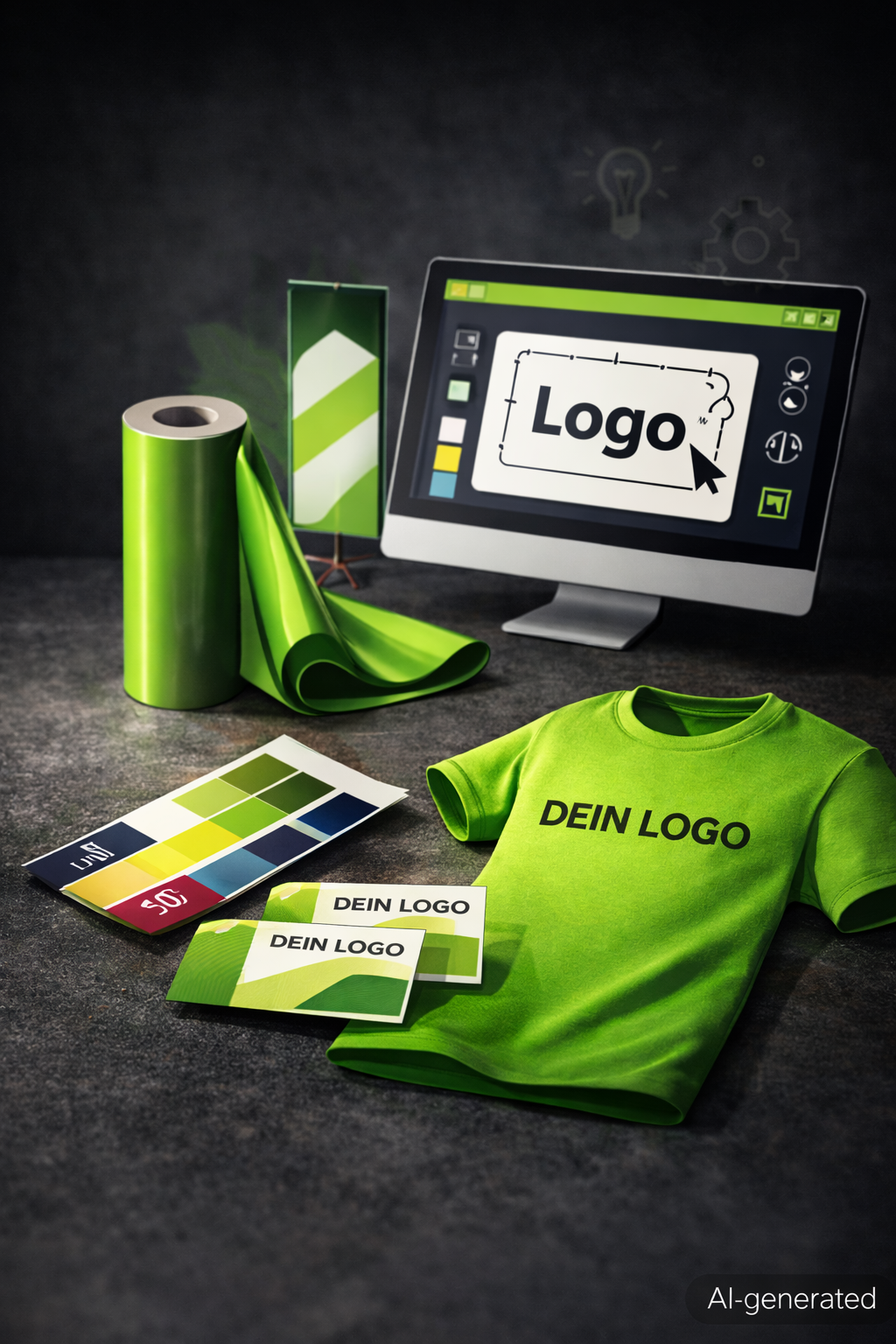 Gestalterische Arbeitsmaterialien für ein Markenlogo, darunter ein grünes T-Shirt mit der Aufschrift 'DEIN LOGO', verschiedene Farbfächer, eine Wasserfolie, eine intensive Bildschirmgrafik mit dem Wort ‚Logo‘, ein Design-Tablet, und Farbfächer. Die Gegenstände sind auf einer dunklen Oberfläche angeordnet.