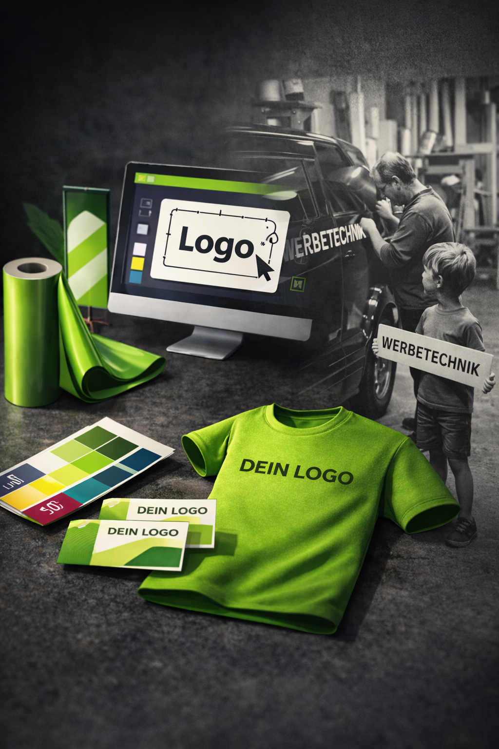 Entwurf eines Logos für ein Werbetechnikunternehmen, inklusive Druckmaterialien, T-Shirt mit Platzhalter für das Logo, Farbpalette und Rollenfolie, im Hintergrund Sicht auf eine Werkstatt mit zwei Personen beim Arbeiten an einem Fahrzeug.