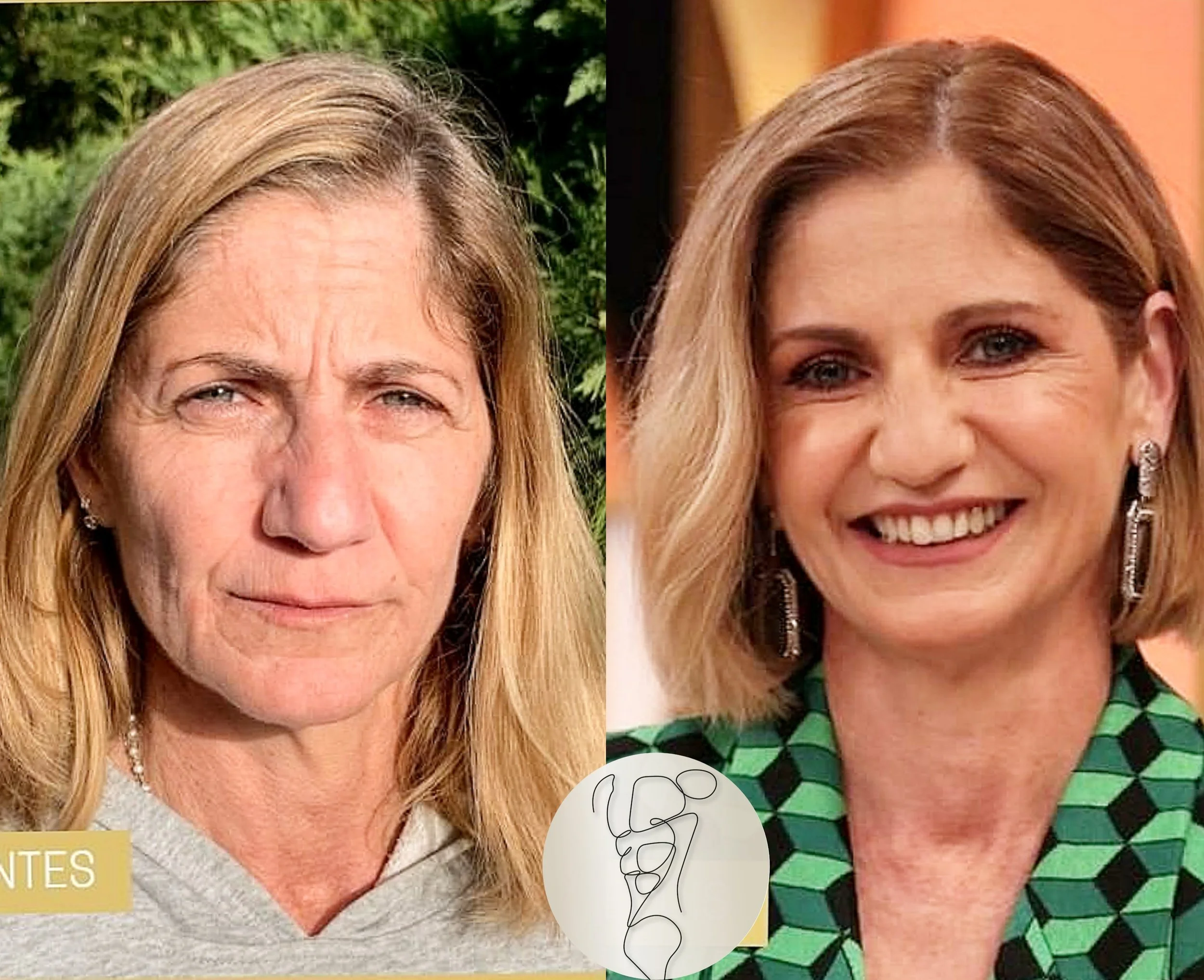 Imagem dividida ao meio mostrando duas mulheres com cabelos loiros, uma ao ar livre com fundo de vegetação e a outra em um ambiente interno com fundo laranja, ambas sorrindo.