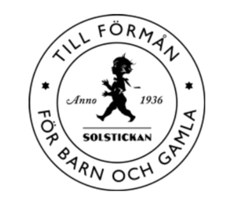 A black circular logo with the text 'TILL FORMAN FOR BARN OCH GÅRD' around the outer edge and a central design featuring a running figure with the words 'ANNO 1936' and 'SOLSTICKAN'.