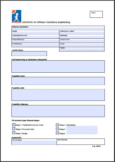 A Swedish application form for Sida's project support, includes sections for applicant organization details, project description, activities, target group, and required attachments, with a logo at the top left corner.