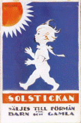 A child with white hair walking in front of a sun and blue background, with the text 'Solstickan' and a slogan in Swedish.