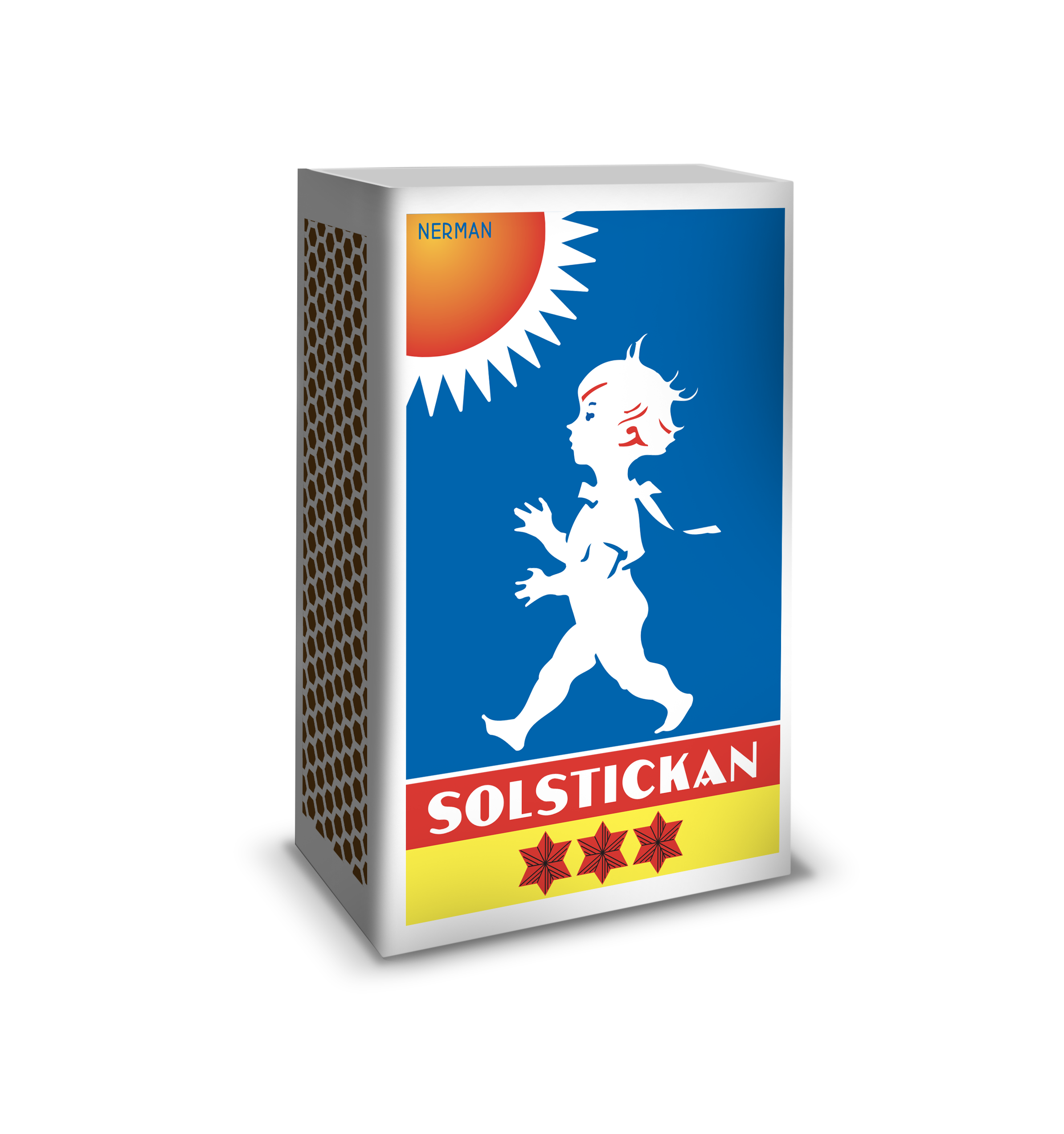 A matchbox with a blue, red, and yellow label featuring a stylized walking figure and the word 'SOLSTICKAN'.
