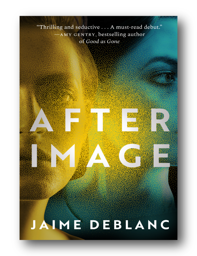Cover of the book 'After Image' by Jaime DeBlanc featuring abstract digital art of two faces, one in yellow and the other in blue, with pixelated effects.