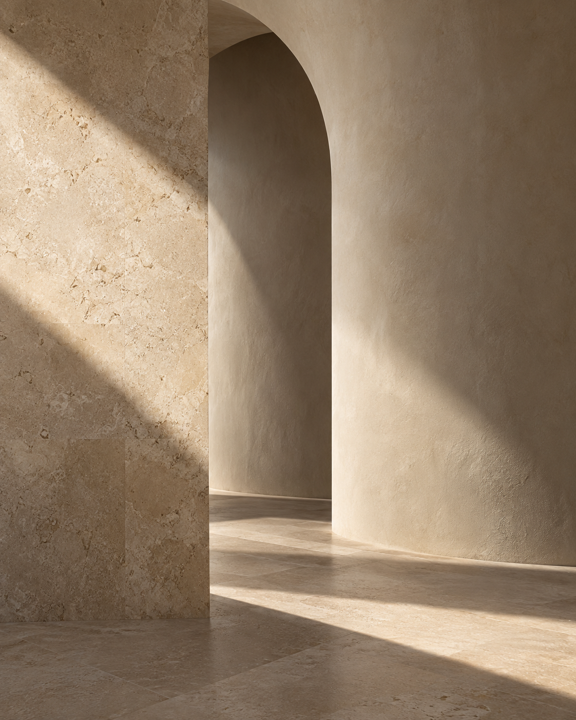 Minimalist beige interior with curved walls and an arched doorway, illuminated by natural light, creating soft shadows.