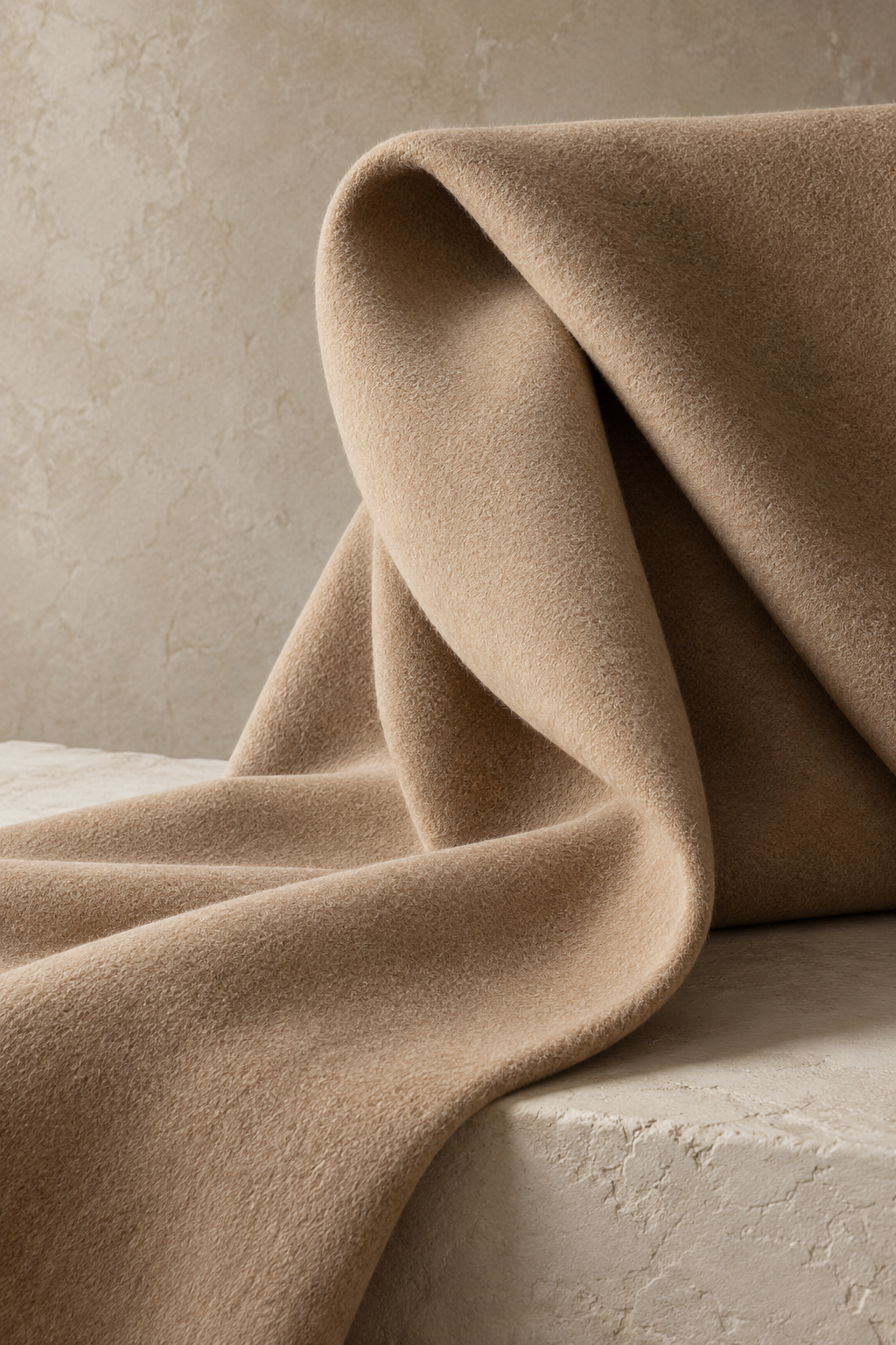 Beige fabric draped over a textured surface with a neutral background.