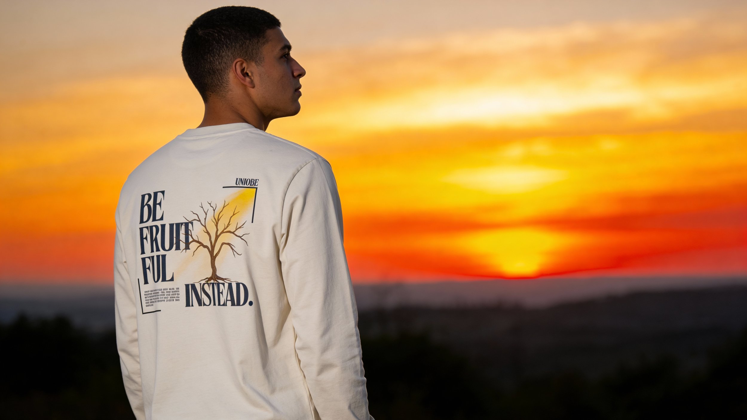 Young man standing outdoors during sunset, wearing a white sweatshirt with a tree graphic and text that reads 'Be Fruitful Instead.'