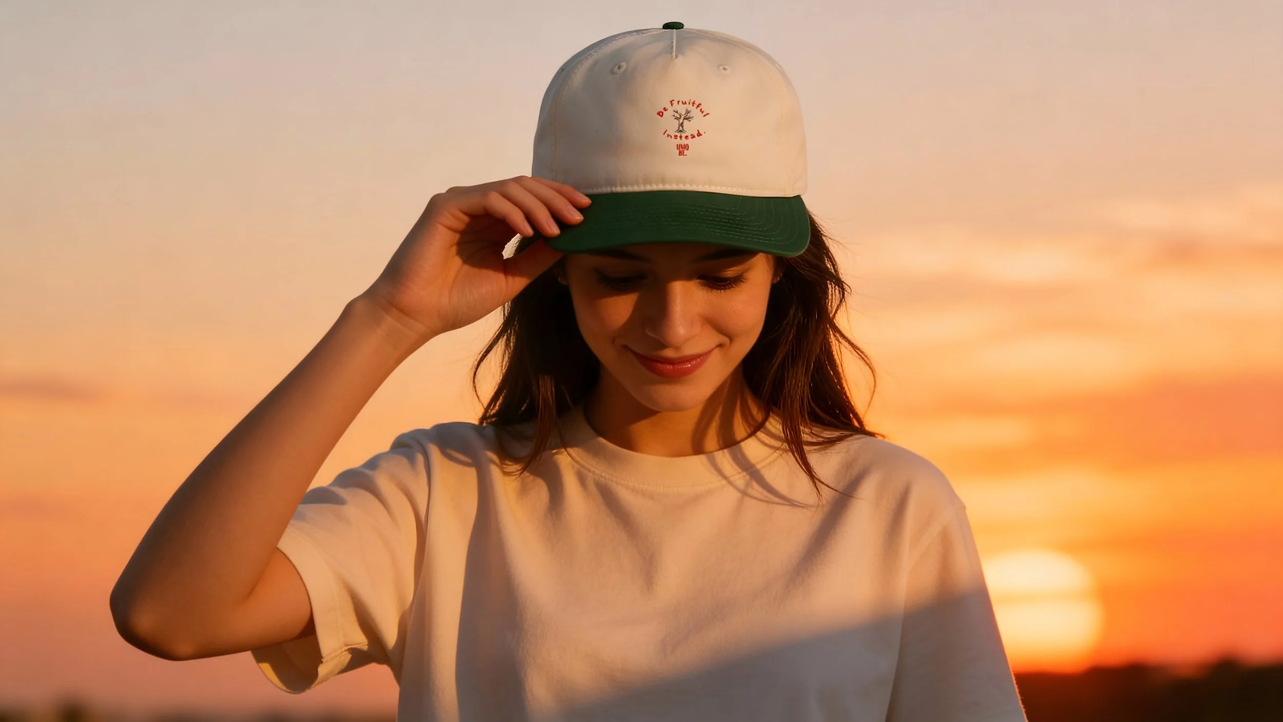 A young woman wearing a white T-shirt and a white baseball cap with green accents stands outdoors during sunset, smiling softly with her eyes closed.