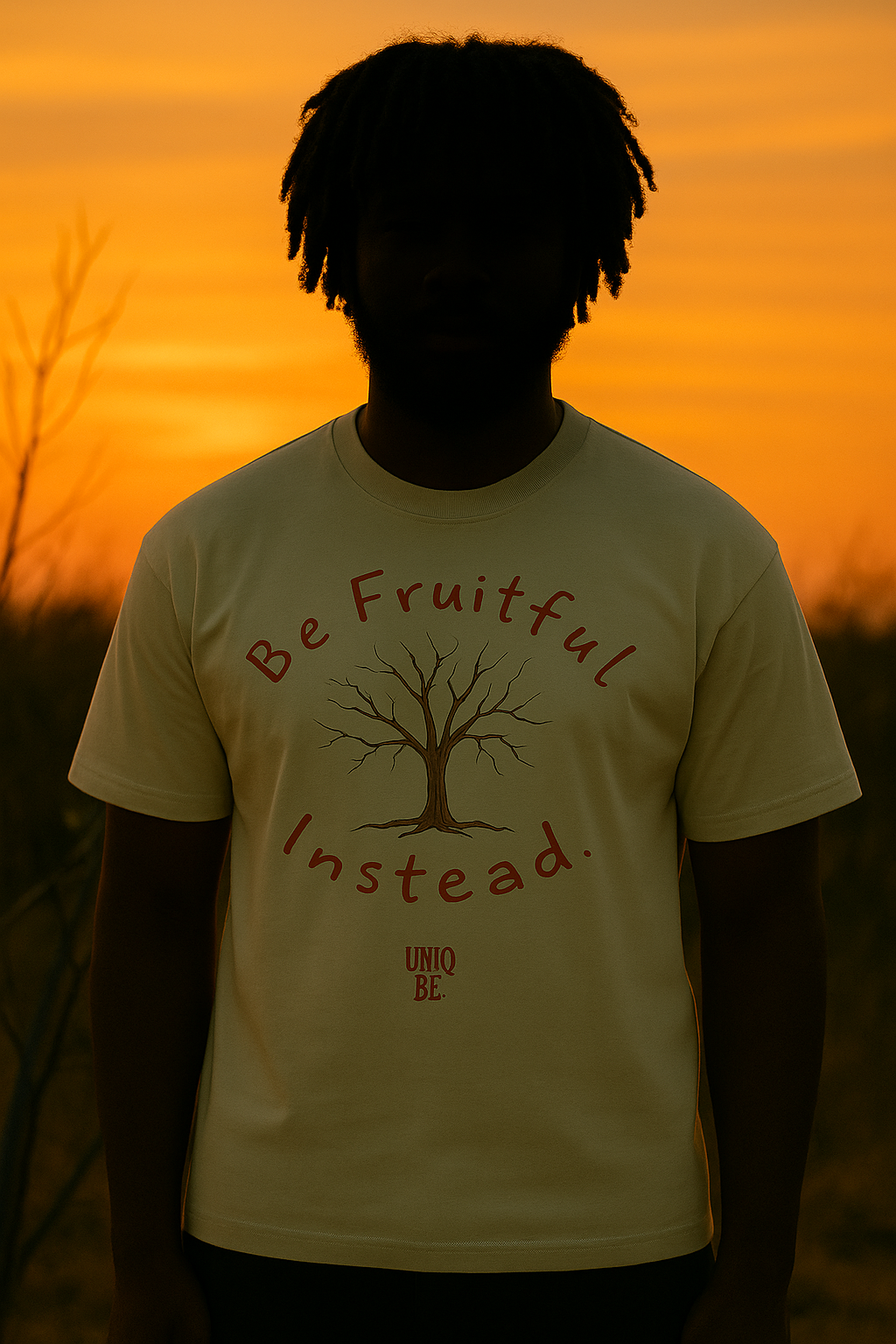 A person standing outdoors during a sunset, wearing a cream-colored t-shirt with a tree illustration and the words 'Be Fruitful 'Insteaed' and the brand 'UNIQ BE.'