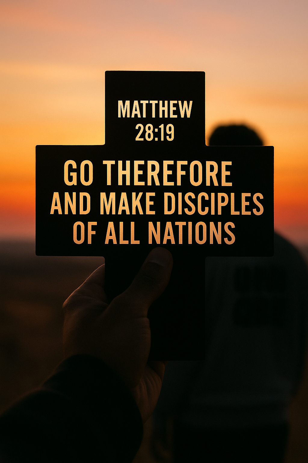 A person holding a black sign with white text that reads 'Matthew 28:19 Go therefore and make disciples of all nations' during sunset.