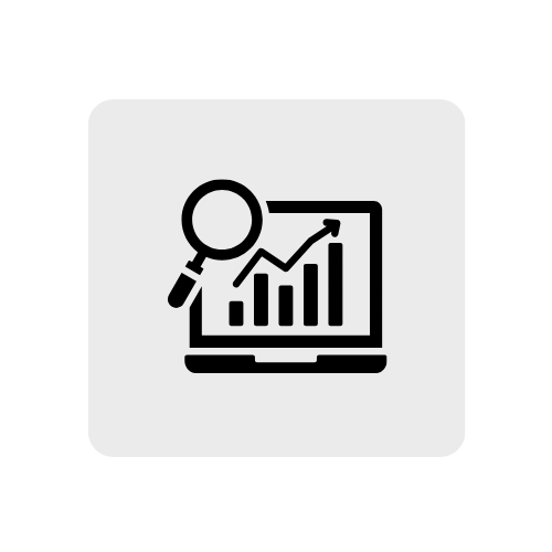 Icon of a magnifying glass over a chart with an upward trending arrow on a computer screen.