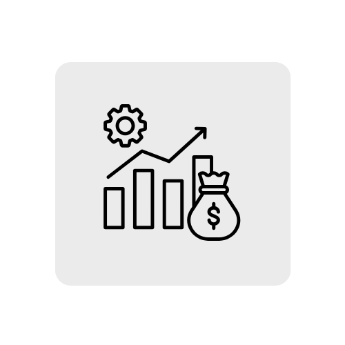Line graph with an upward arrow, bar chart, gear icon, and money bag, representing financial growth or business success.