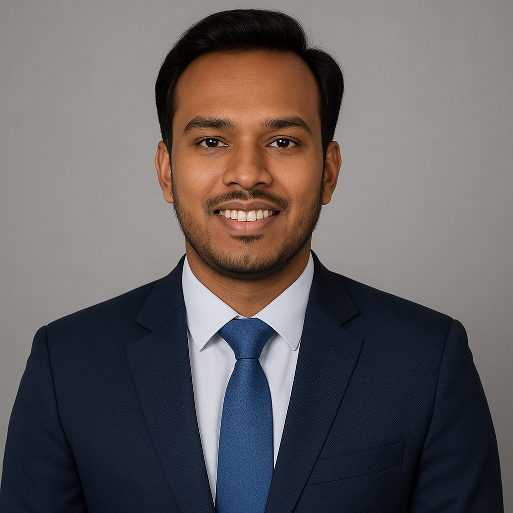 A professional headshot of a man in a dark blue suit, white shirt, and blue tie, smiling against a plain gray background.