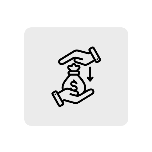 Icon of two hands exchanging money, with a downward arrow indicating payment or transfer.