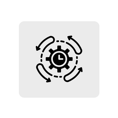 Icon of a gear with a clock inside, surrounded by arrows indicating continuous process or cycle.