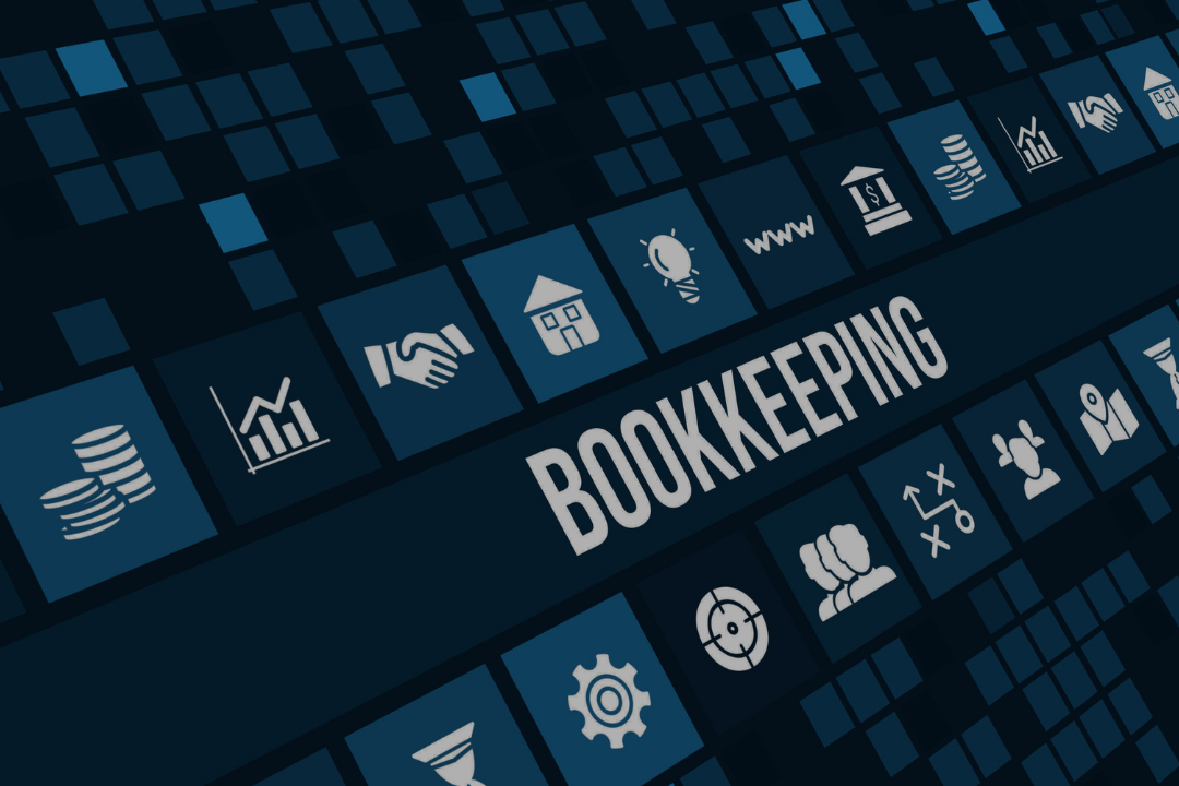 A digital illustration of various business and finance icons, with a prominent text reading 'BOOKKEEPING' in the center.