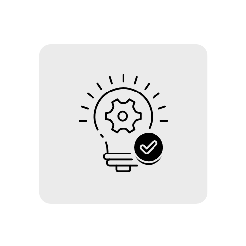 Lightbulb icon with a gear inside and a checkmark in a circle