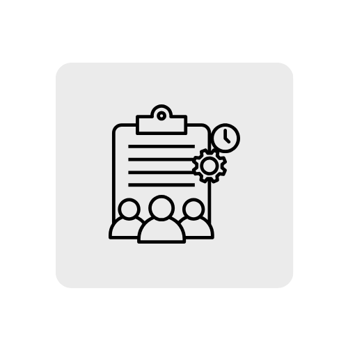 Icon of a clipboard with a document, three people underneath, a gear, a clock, and a star.