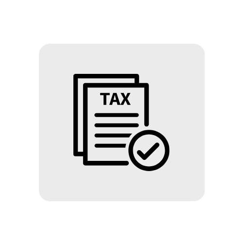 Icon of tax documents with a checkmark.