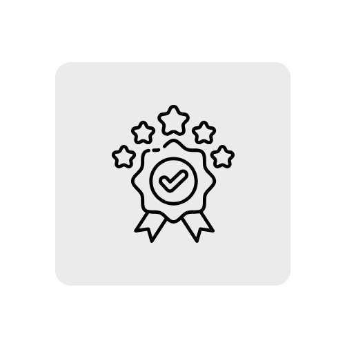 An award ribbon with a checkmark in the center, surrounded by five stars.