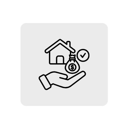 A hand holding a house icon with a money bag and checkmark, representing real estate or mortgage payment.