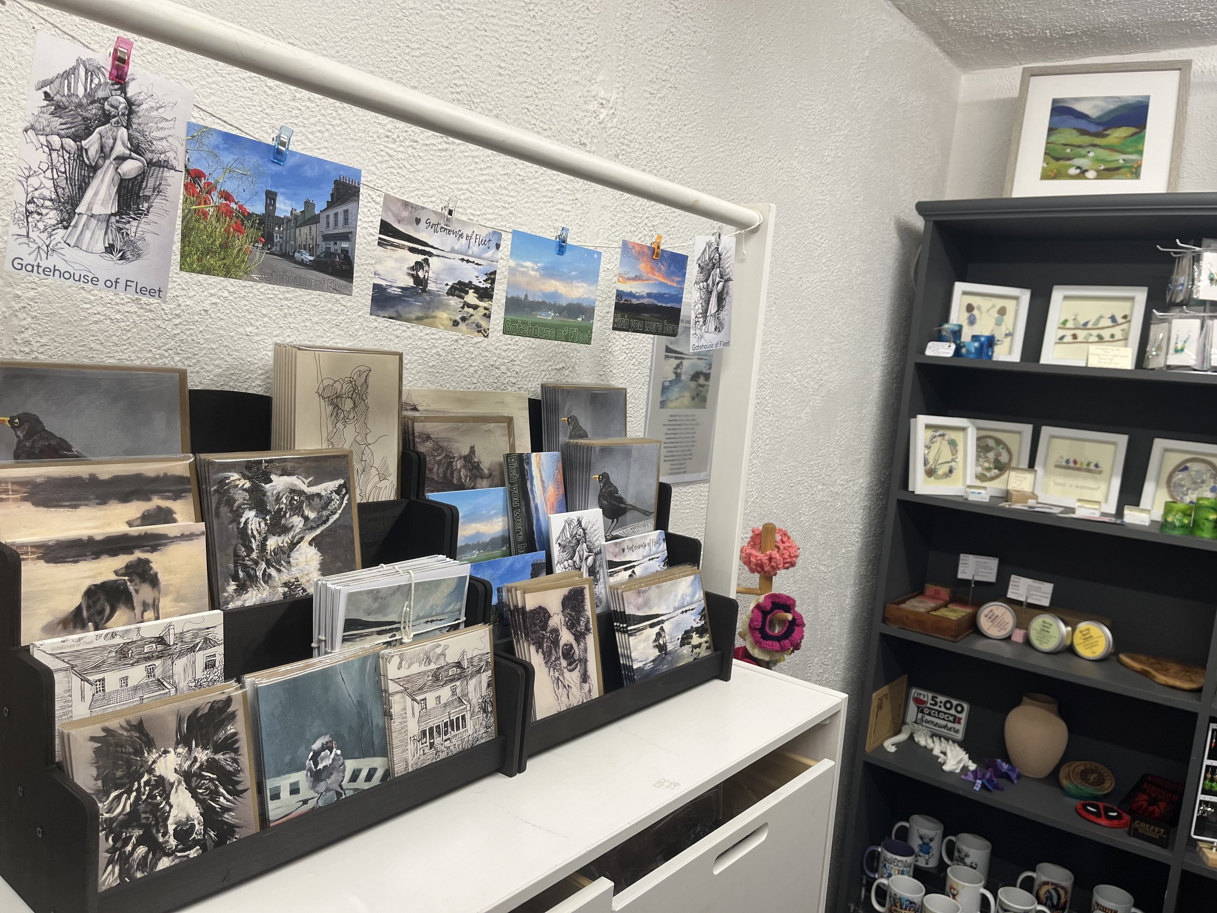 A display of various postcards and greetings cards featuring birds and border collie dogs on a white cabinet in a gift shop.