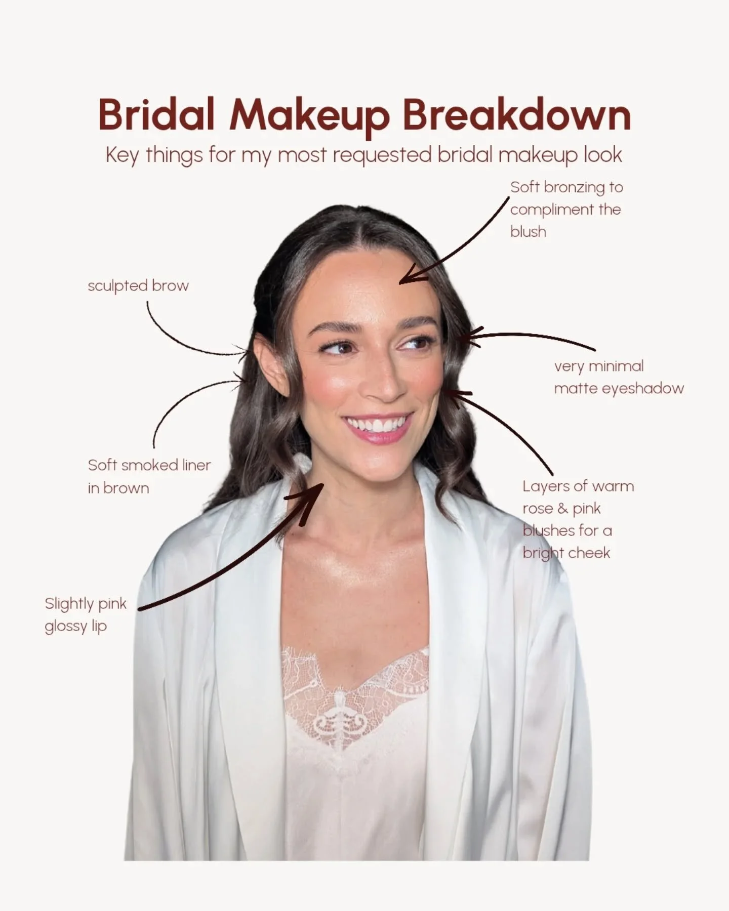 A bridal makeup breakdown so you can know exactly how to ask for this makeup look if you love it! Swipe all the way through to see how it looked in photos 

The blushy bridal makeup look is perfect for you if you 
🤍 Love a bright blushy cheek 
🤍 A 