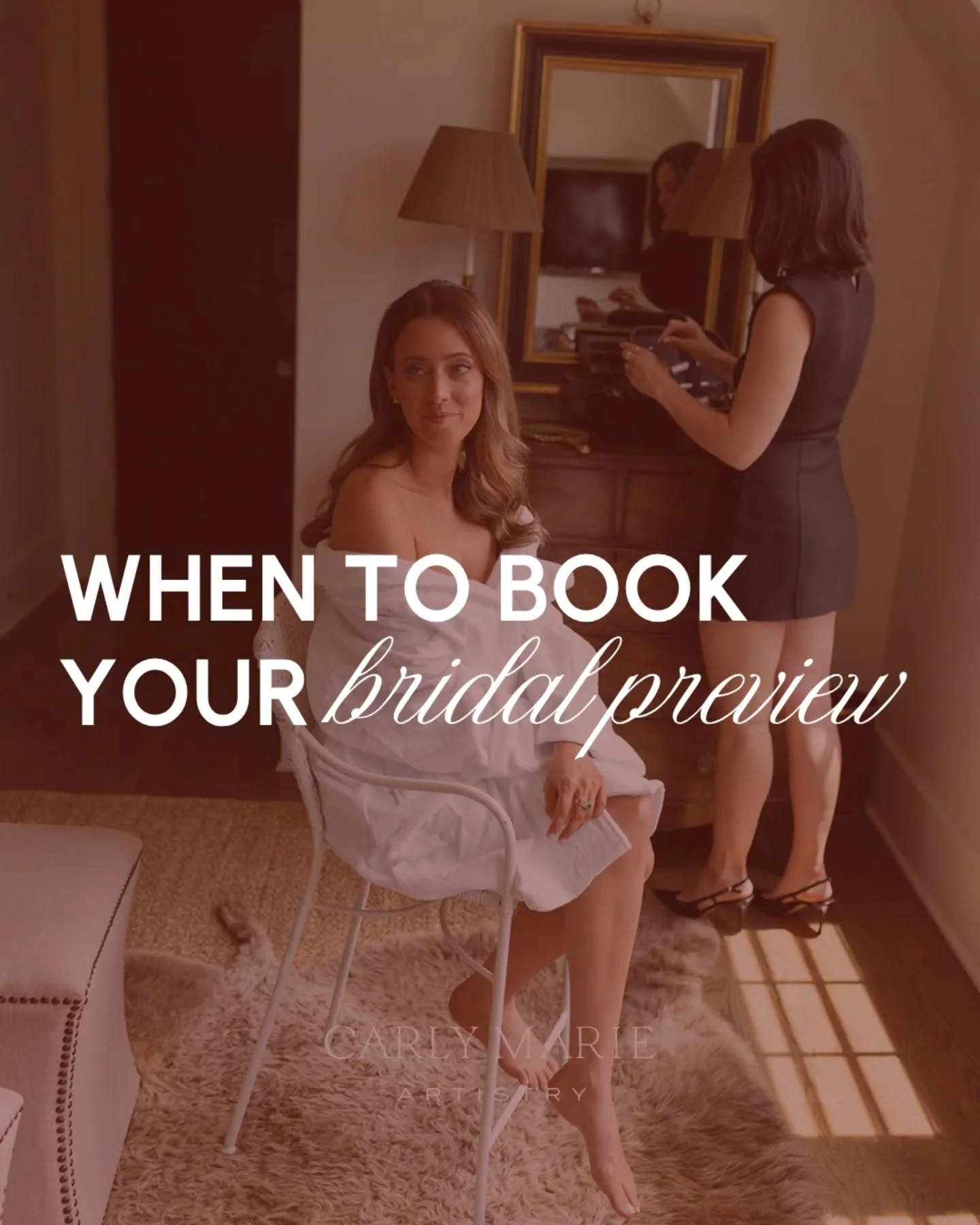 Technically you can book your bridal preview whenever you want but swipe for the guide I like to go by because 

🤍 The makeup and hair trends are current 
🤍 You have your dress picked out
🤍 Your overall wedding vibe has been decided 
🤍 You have a