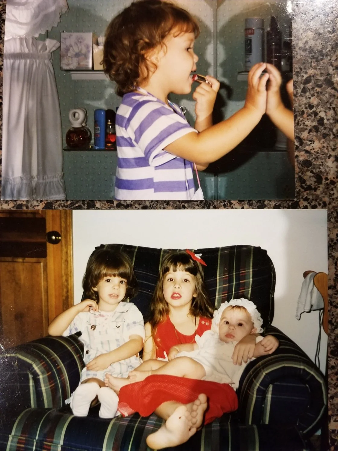 Young child applying lipstick and childhood photo of Carly Marie with siblings, early beauty inspiration