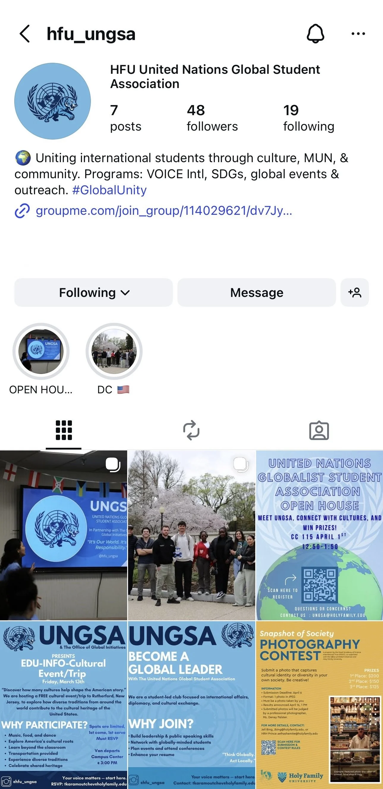 Instagram profile for HFU United Nations Global Student Association, featuring a blue UN logo with a lion and globe, and posts promoting cultural events and activities.